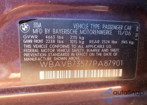 2007 BMW 335 I from USA, damaged, VIN WBAVB73577PA87901